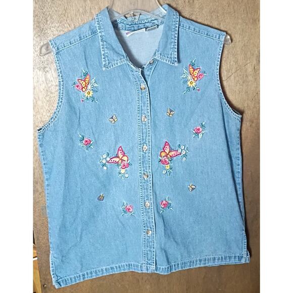Vintage Blue Denim Jean Button Front Embroidered Butterfly Flower Woman Large - Picture 2 of 6
